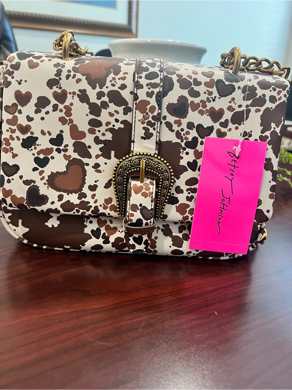 Betsey Johnson Brown & White Cow Spot Crossbody with Gold Hardware